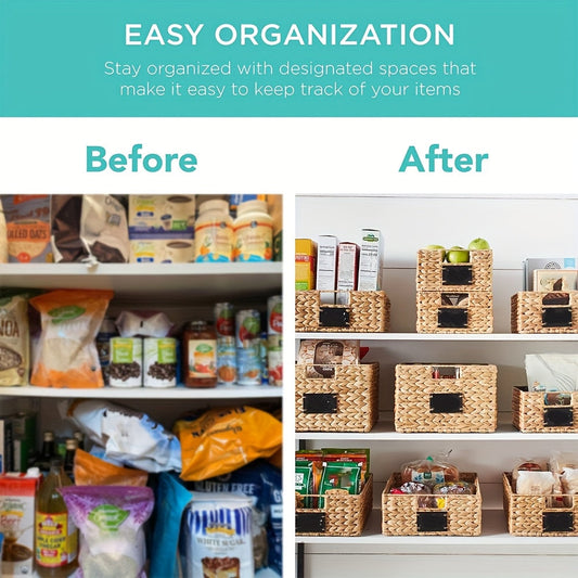 Pantry Baskets with Chalkboard Labels - Natural Water Hyacinth Woven Storage Bins 9"x12"x5", Kitchen Shelf Organizers, Available in 1, 2 & 4 Pack
