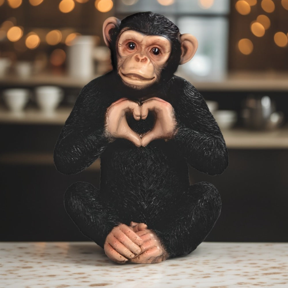 Chimpanzee Figurine with Seated Polyresin Form, Heart-Shaped Hand Gesture and 3.5 x 3.5 x 5-Inch Size