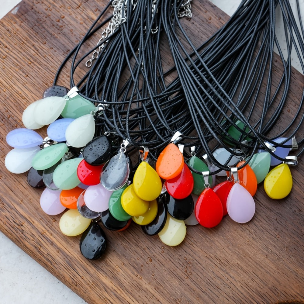Forty-Piece Multicolor Teardrop Pendant Necklace Set with 20 Faux Crystal Charms and 20 Black Cords