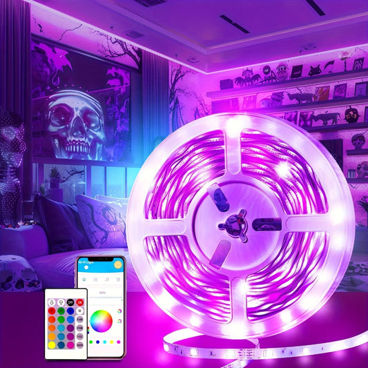 RGB LED Strip Lights Music Sync Color Changing – App & 24-Key Remote Control Dimmable Timer Adhesive LED Light Strip for Bedroom Dorm Ceiling TV Holiday Decor – 6.56FT to 260FT