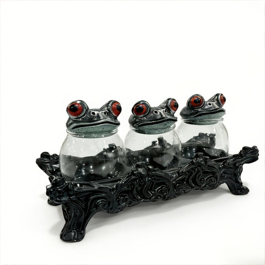 Gothic Witch Frog Spice Jars Set of 3 with Engraved Bases & Spoon – Vintage Pharmacist Jars with Frog Lids for Dark Kitchen Decor, Halloween Herb Storage