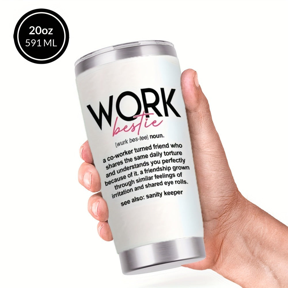 Insulated Tumbler 20oz Work Bestie Graphic in White 304 Stainless Steel with Lid and Straw