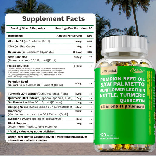 Saw Palmetto Capsules with Pumpkin Seed Oil, Pygeum & Quercetin – Urinary, Bladder, Hair & Heart Health Support for Women & Men | Daily Wellness Supplement | 120 Capsules