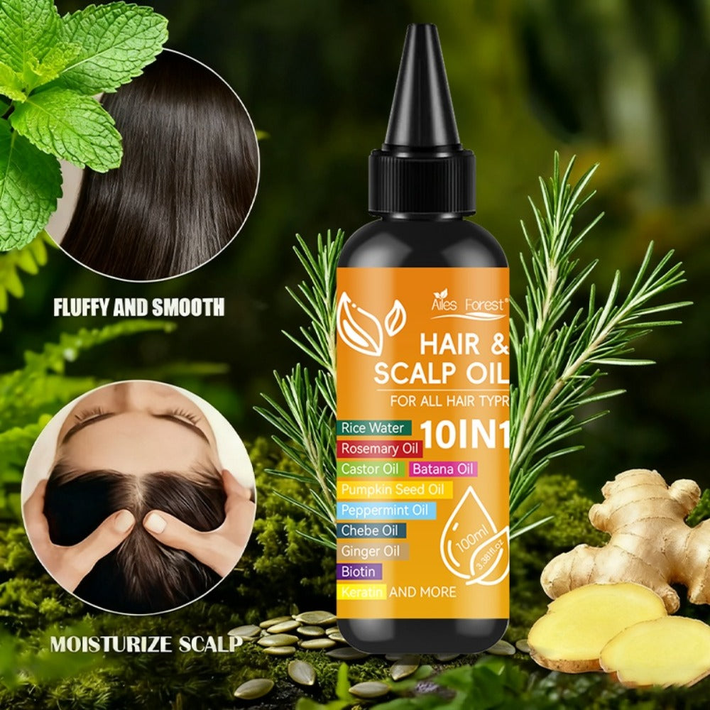 Hair Oil 10-in-1 100ml Pointed-Applicator Bottle with Ginger, Rosemary, Castor, Batana, Rice Water and Biotin