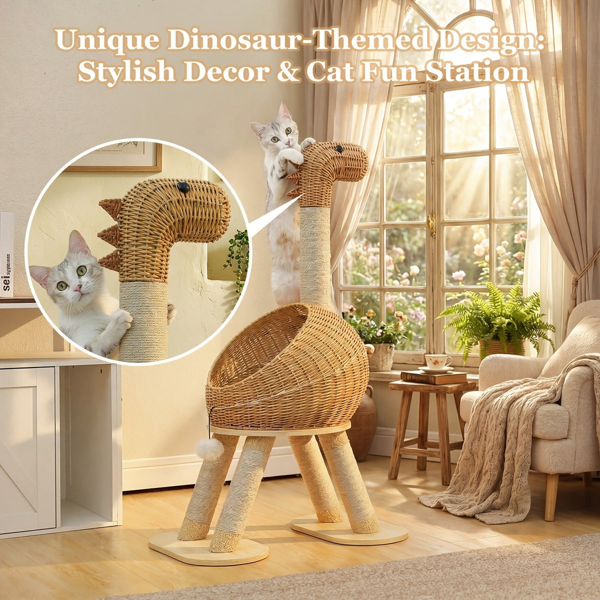 Brown 46-Inch Dinosaur Cat Tree with Woven Pod Bed, Four Sisal-Wrapped Posts and Removable Cushion