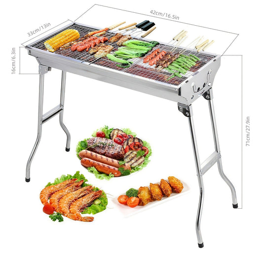 Charcoal BBQ Grill Foldable Large with Side Shelf & Storage Basket – Stainless Steel Portable Outdoor Grill for Camping, Picnic, Garden Patio & Travel | Optional 3-Piece Tool Set