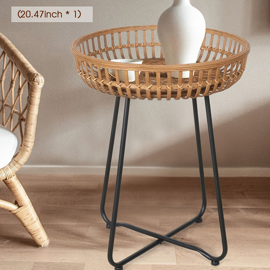 Rattan Side Table Nesting Tables Set of 2 Round Boho End Table Natural Bamboo Woven Coffee Table Metal Base for Living Room Bedroom Sofa Terrace