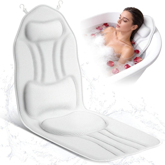 Full Body Bath Mat 52x16 Inch Bathtub Pillow with 180 Suction Cups 5D Mesh Cushion Head Neck Support Anti-Slip Spa Tub Pad for Women Luxury Bathroom Accessory