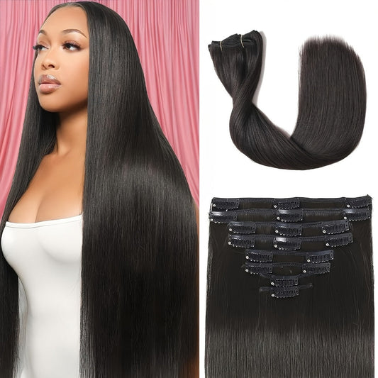 Hair Extensions Straight Brazilian Human Hair Clip-In Set with Eight Wefts, 18 Clips and Six Length Options
