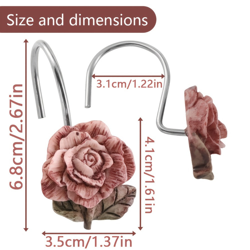 12-Piece Rose Shower Curtain Hook Set with Sculpted Pink Floral Decorations and Silver-Tone Rings
