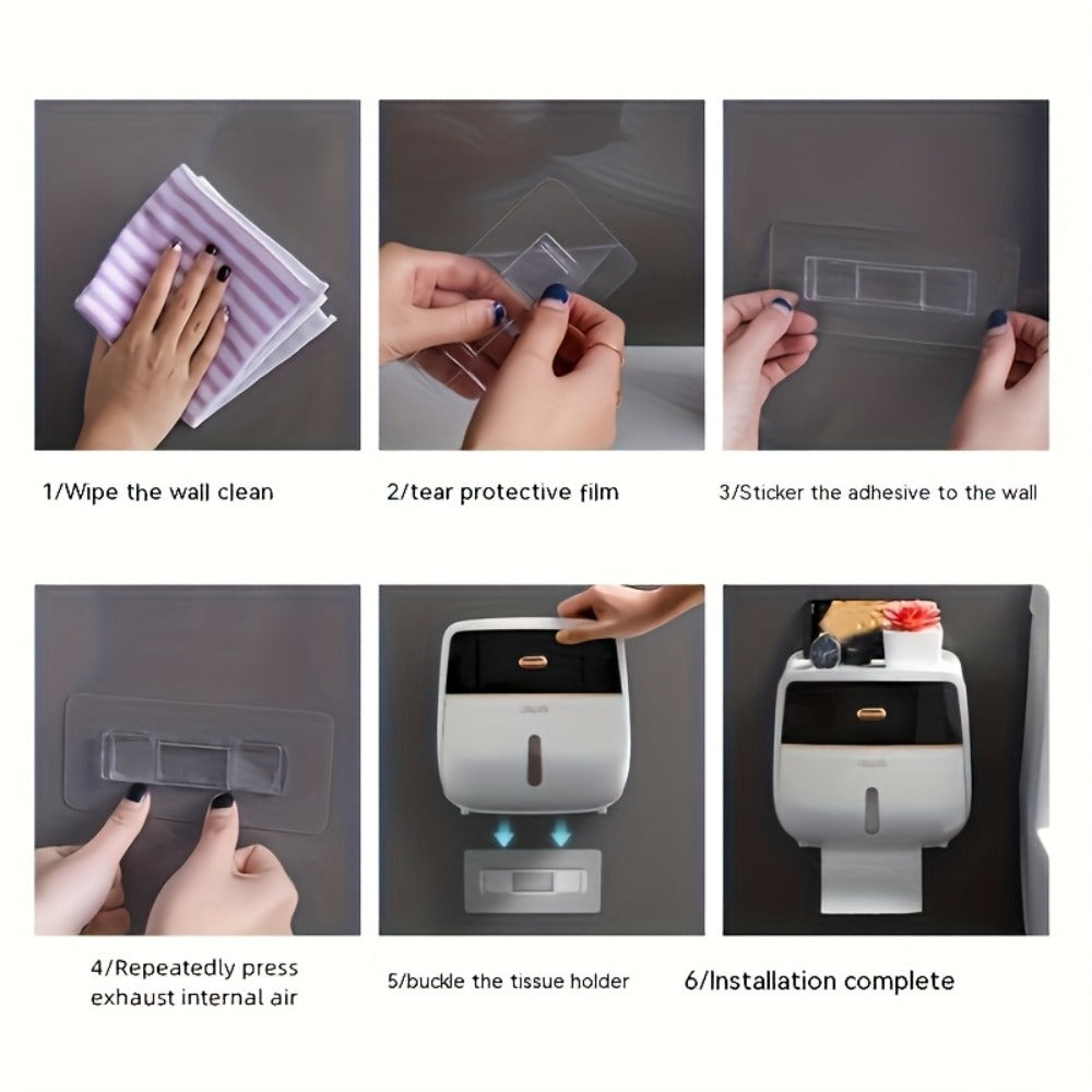 Wall-Mounted Covered Toilet Paper Holder with Top Drawer, Storage Shelf and 8.26 x 5.51 x 8.46-Inch Size