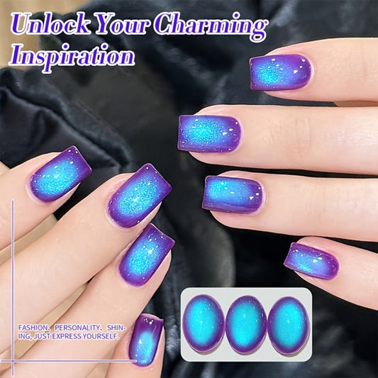 Cat Eye Magnetic Gel Nail Polish 10ml - Blueberry Glitter Purple Blue Glass Bead Sparkling Effect, UV LED Semi-Permanent Gel Varnish with Magnetic Stick, DIY Salon Nail Art
