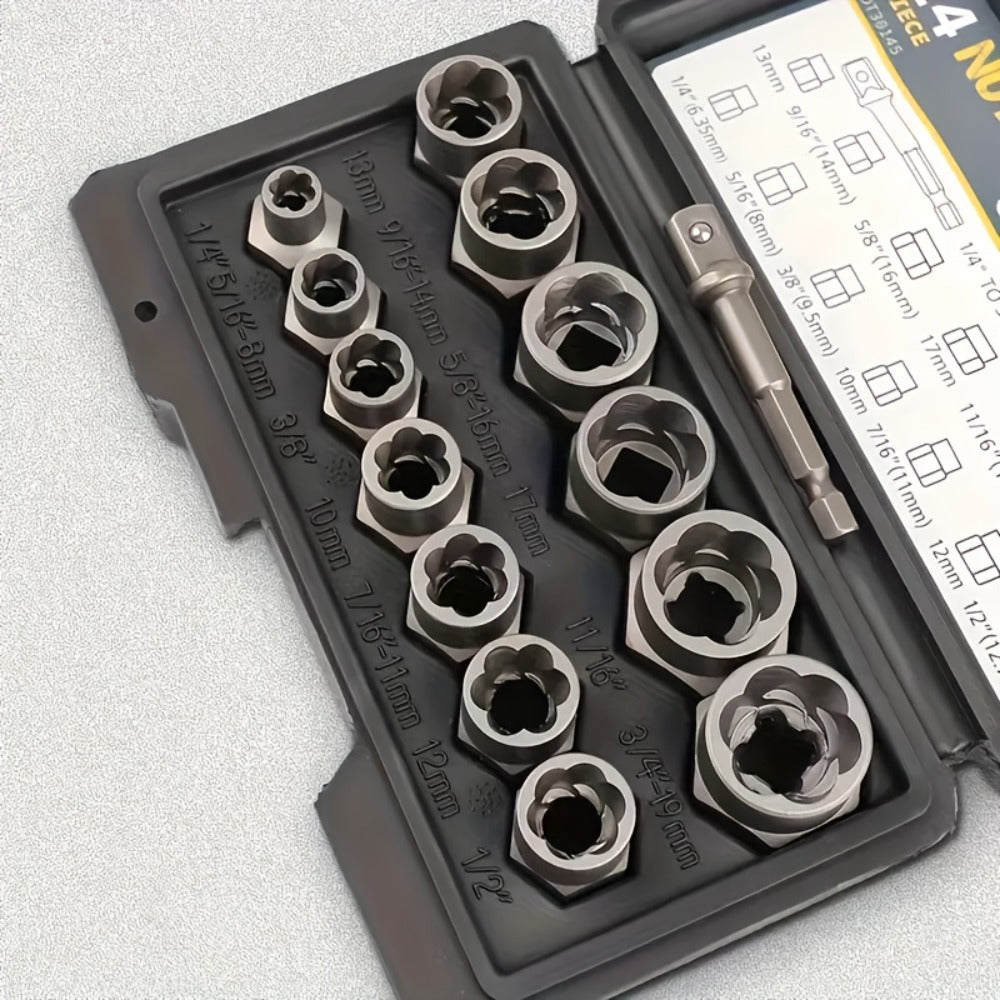 14-Piece Damaged Nut and Bolt Extractor Set with 13 Removal Sockets and 1/4- to 3/8-Inch Adapter