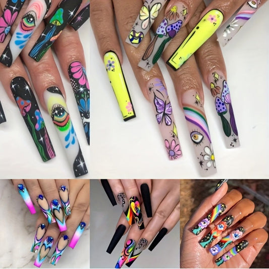 Press On Nails 120-Piece Extra-Long Set in Five Boxes with Cosmic, Crystal, Matte, Stripe and Floral Designs