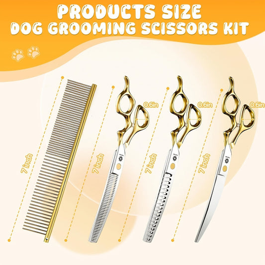 Curved Dog Grooming Shears Set 7 Inch - 440C Stainless Steel Curved Scissors Thinning Chunker Comb Ergonomic Handle Professional Pet Trimming Kit with Storage Bag