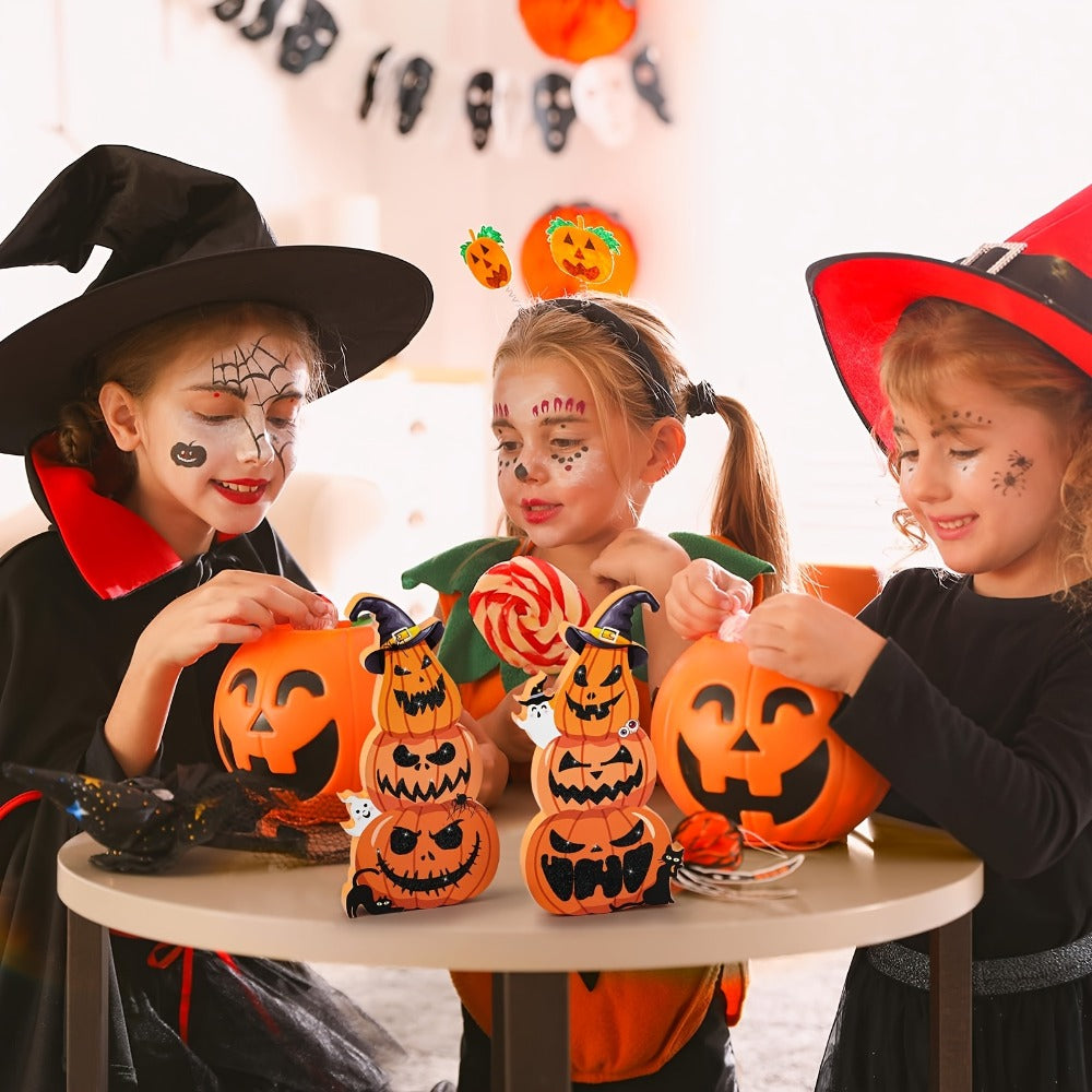 Two-Piece Halloween Pumpkin Stack Tabletop Decoration Set with Witch Hats, Ghost Accents and Glitter-Look Finish
