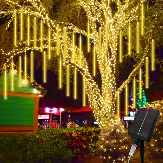 Solar Meteor Shower String Lights 192 LED Flower Theme - Outdoor Hanging Tree Lights Touch Control Warm Multi Color Blue for Garden Courtyard Christmas Halloween 4th of July Wedding Decoration