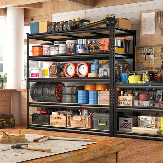 5-Tier Heavy Duty Garage Shelving Unit 2000LBS – Metal & Wood Storage Shelves, Adjustable Utility Rack for Garage, Basement, Pantry, Warehouse, Kitchen & Office, Tool-Free Assembly, Black
