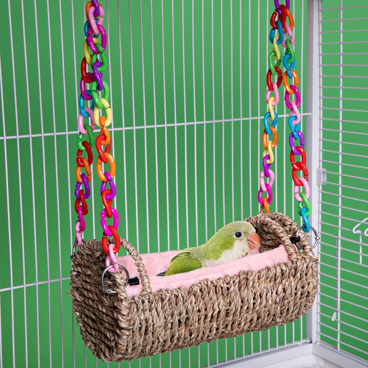 Rattan Hanging Bird Nest and Swing with Removable Mat and Choice of Natural Rope or Colorful Chain