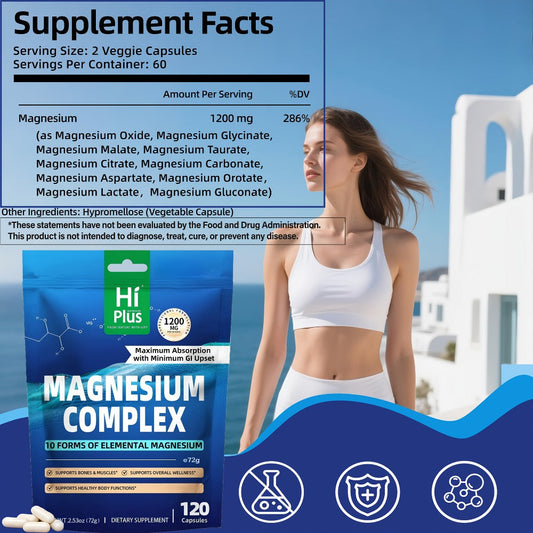 Magnesium Glycinate Complex 1200mg 10-in-1 Full Spectrum Vegan Capsules for Deep Sleep Calm Anxiety Relief Heart Bone & Nerve Health — High Absorption Gentle on Stomach 120 Capsules Women & Men
