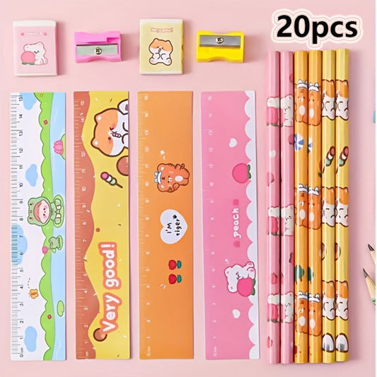 20-Piece Cartoon Pencil Stationery Set with Ruler Eraser Sharpener, Random Cartoon Styles, Kids School Supplies, Party Favor Prizes, Festival Gift Set for Students