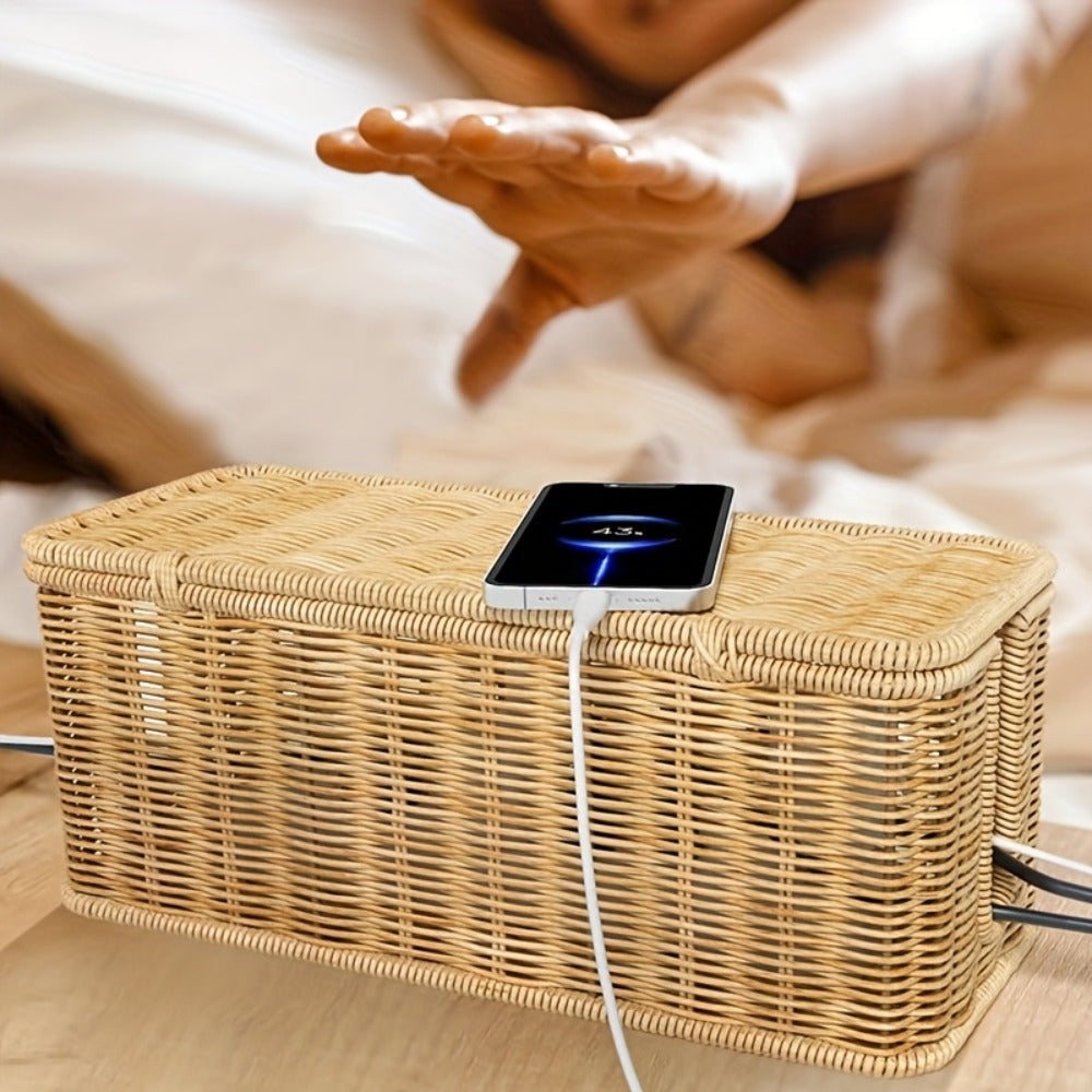 Woven Rattan-Look Cable Management Box with Hinged Lid and Pictured 34.1 cm Exterior Length