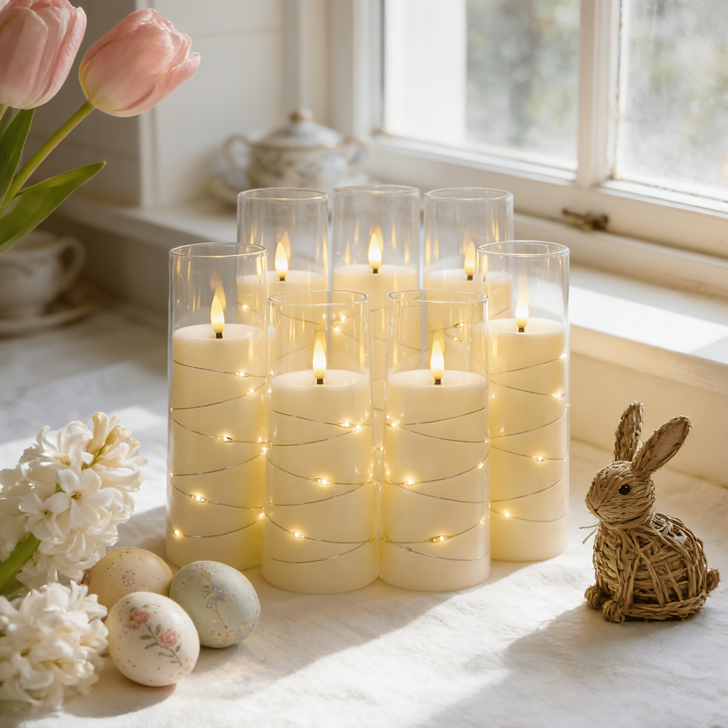 Flameless LED Candles with Remote Control Timer and Star String Lights Set of 5 or 7 Pillar Candles for Wedding Garden Home Decor Anniversary Gift Grey Ivory Gold Red
