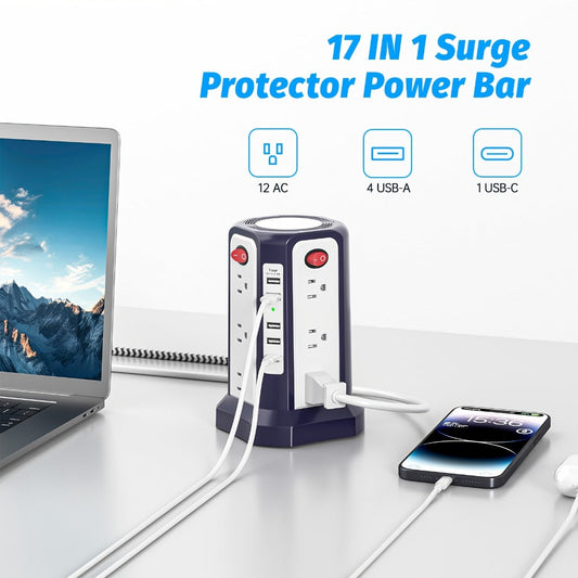 Power Strip Tower with 12–16 AC Outlets, 4 USB-A, PD 20W USB-C and 1500J Surge Protection for Home Office Charging