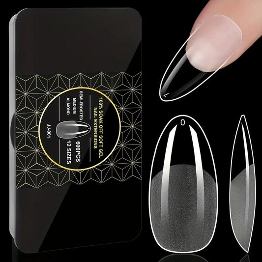 Gel Nail Tips 600 Pieces Clear Crystal Full Cover Nail Extensions – Almond Oval Coffin Stiletto Square Short Medium Long Soft Gel False Nails for Salon & DIY Nail Art Women