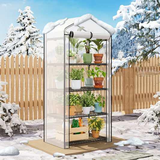 Tiered Greenhouse Shelves 3/4-Tier Portable Mini Plant Greenhouse with PE Cover & Aluminum Frame, Indoor Outdoor Warm House for Seedlings & Flowers, White & Green