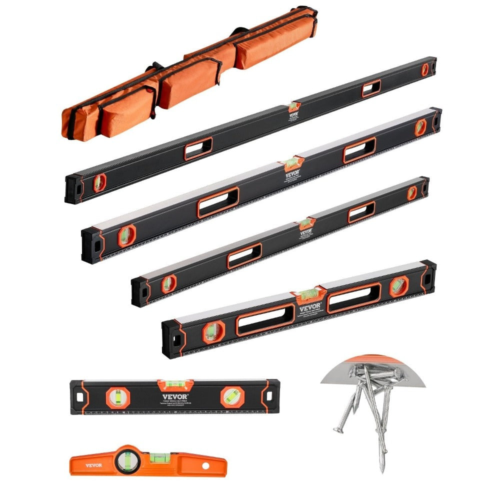 Six-Piece Magnetic Spirit Level Set with 10, 16, 24, 32, 48 and 78-Inch Aluminum Measuring Bars