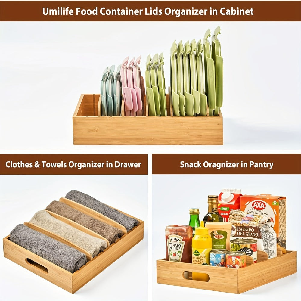 Bamboo Lid Organizer for Kitchen Cabinet with 5 Adjustable Dividers - Tupperware Lid Holder for Food Container Lids