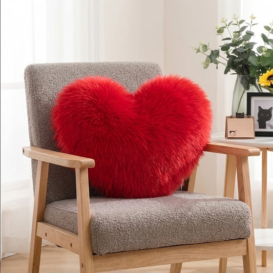 Heart Shaped Plush Pillow Cover Faux Wool Fluffy Cushion Cover for Sofa Bed Chair Car - Valentine's Day Decor Throw Pillowcase 17" Soft Decorative Pillow Case, Red & Pink, Insert Not Included