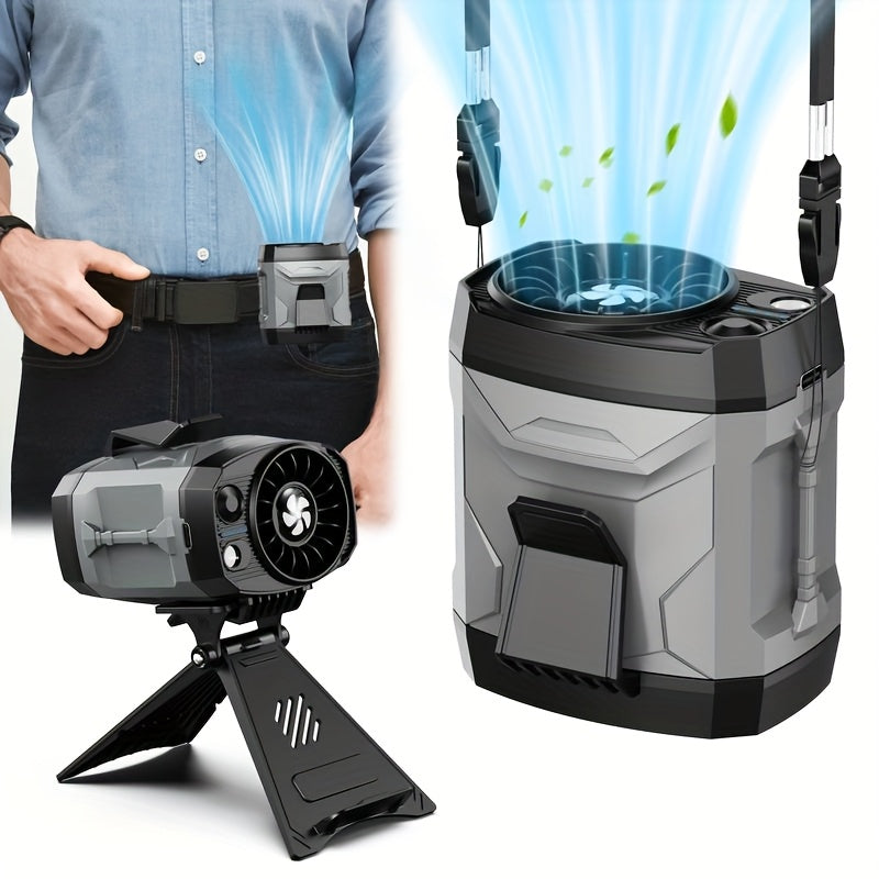Wearable Clip Fan with Four Speed Settings, Black Housing and Optional Support Stand for Waist, Seat or Desk Use
