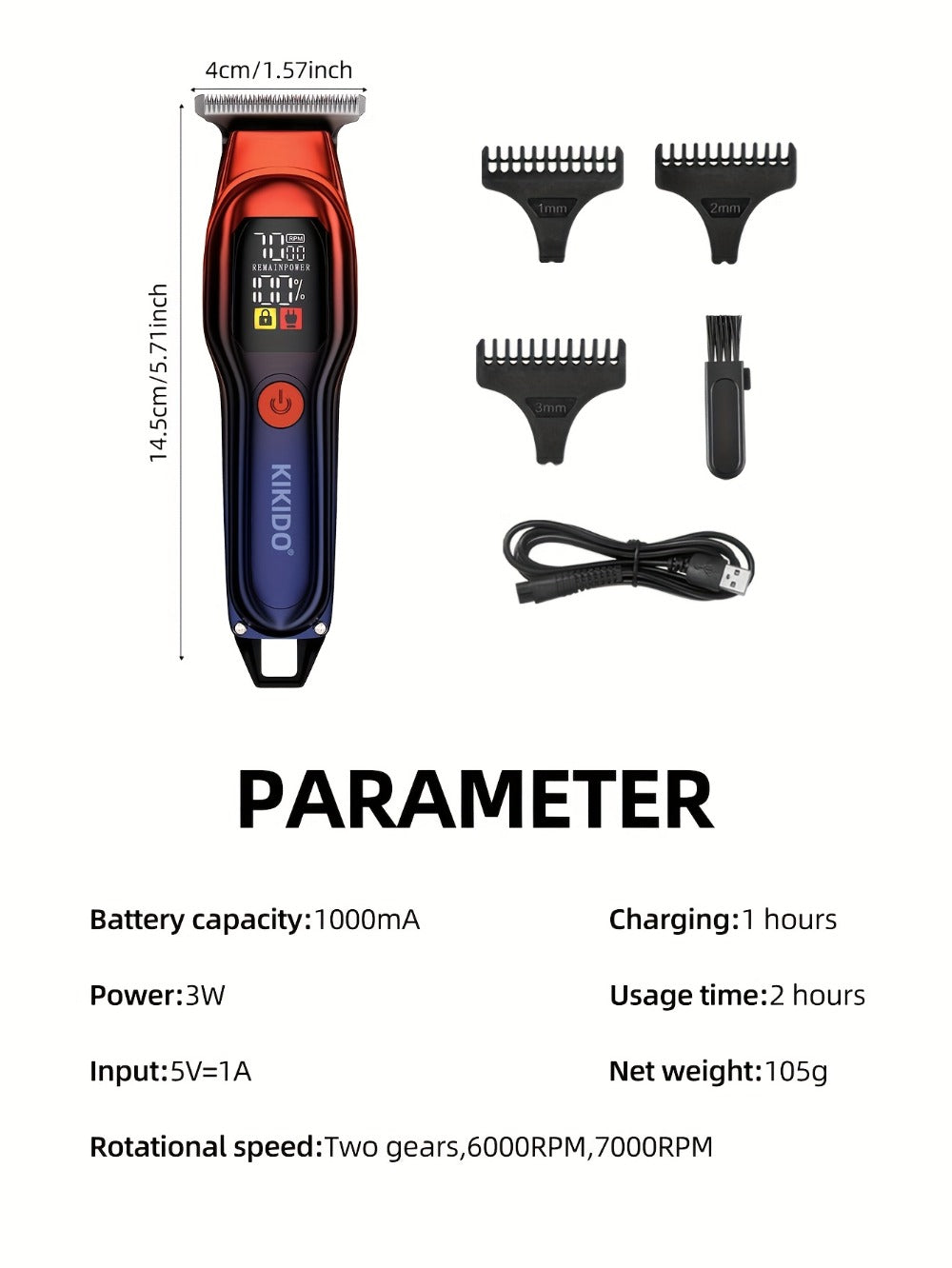 Hair Clippers & Trimmers KIKIDO KK-A2 T-Blade Model with LCD Display, USB Charging and Three Guide Combs