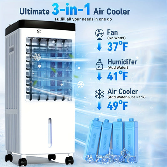 Outdoor Air Cooler 3-in-1 Evaporative Cooler Fan with Misting Humidifier 2.9 Gal Large Tank for Grilling, Camping and Outdoor Meals