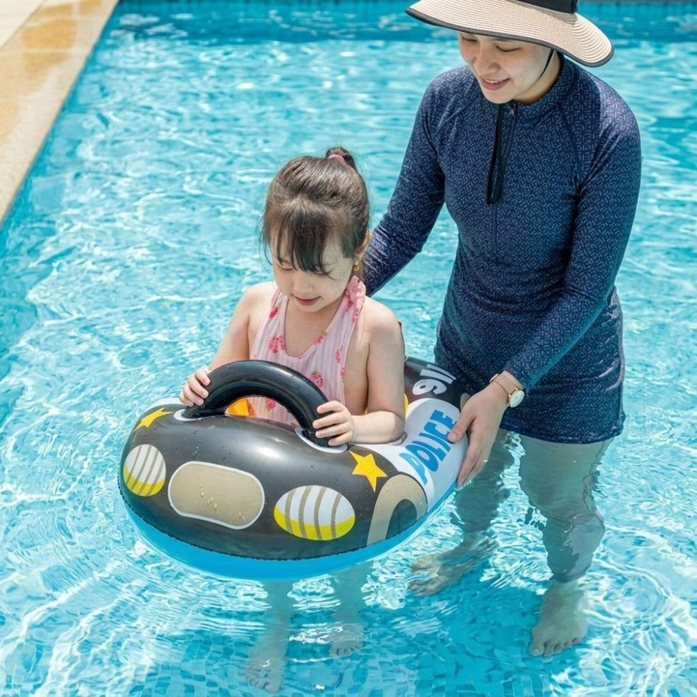 Car-Shaped Inflatable Pool Float with Black Printed Body, Center Opening and Steering-Wheel Detail