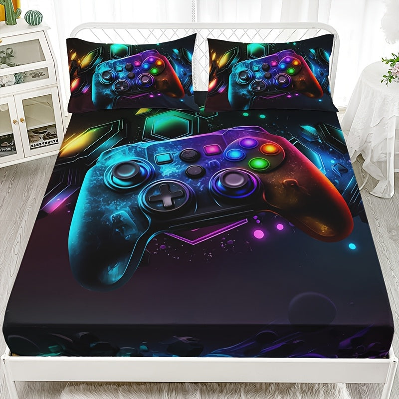 3-Piece Gamepad Bedding Set with Fitted Sheet and 2 Pillowcases, Twin to King Sizes, No Filling