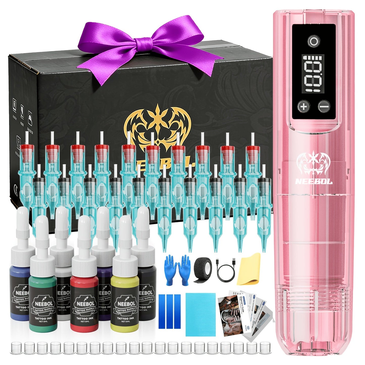 Tattoo Machine Kit Neebol Wireless Pen with Screen Display, 10 Cartridges, 7 Inks and Four Color or Pro Options