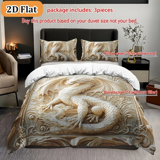 Dragon Print Duvet Cover Set 3-Piece – Boho Dragon Totem Bedding, Soft Polyester Comforter Cover with 2 Pillowcases, Twin Full Queen King, Dorm Room Decor