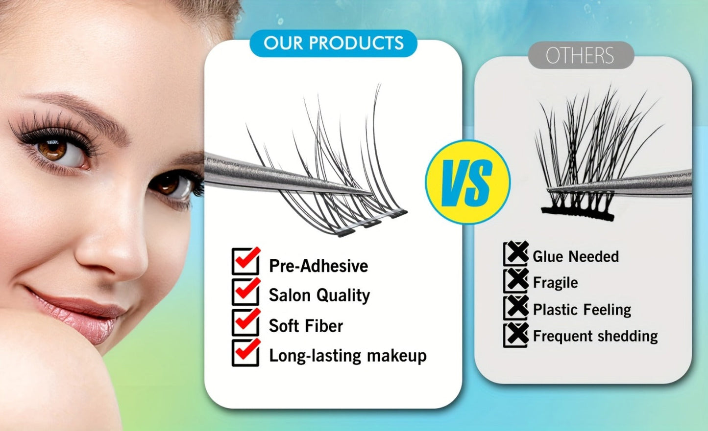 Pre-Glued Wispy False Eyelash Cluster Tray with 156 Clusters and Two Pink Applicator Tweezers