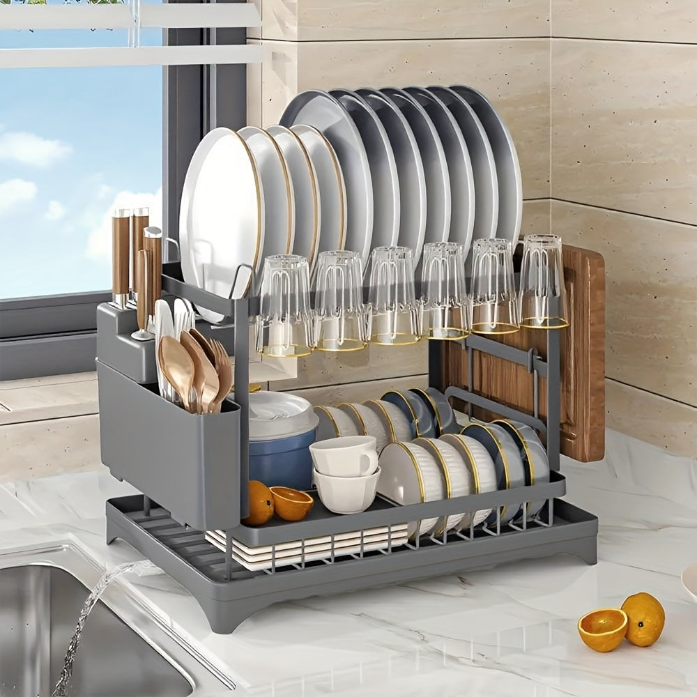 Two-Tier Dish Drying Rack, Compact Metal Countertop Drainer with Drainboard in Three Colors