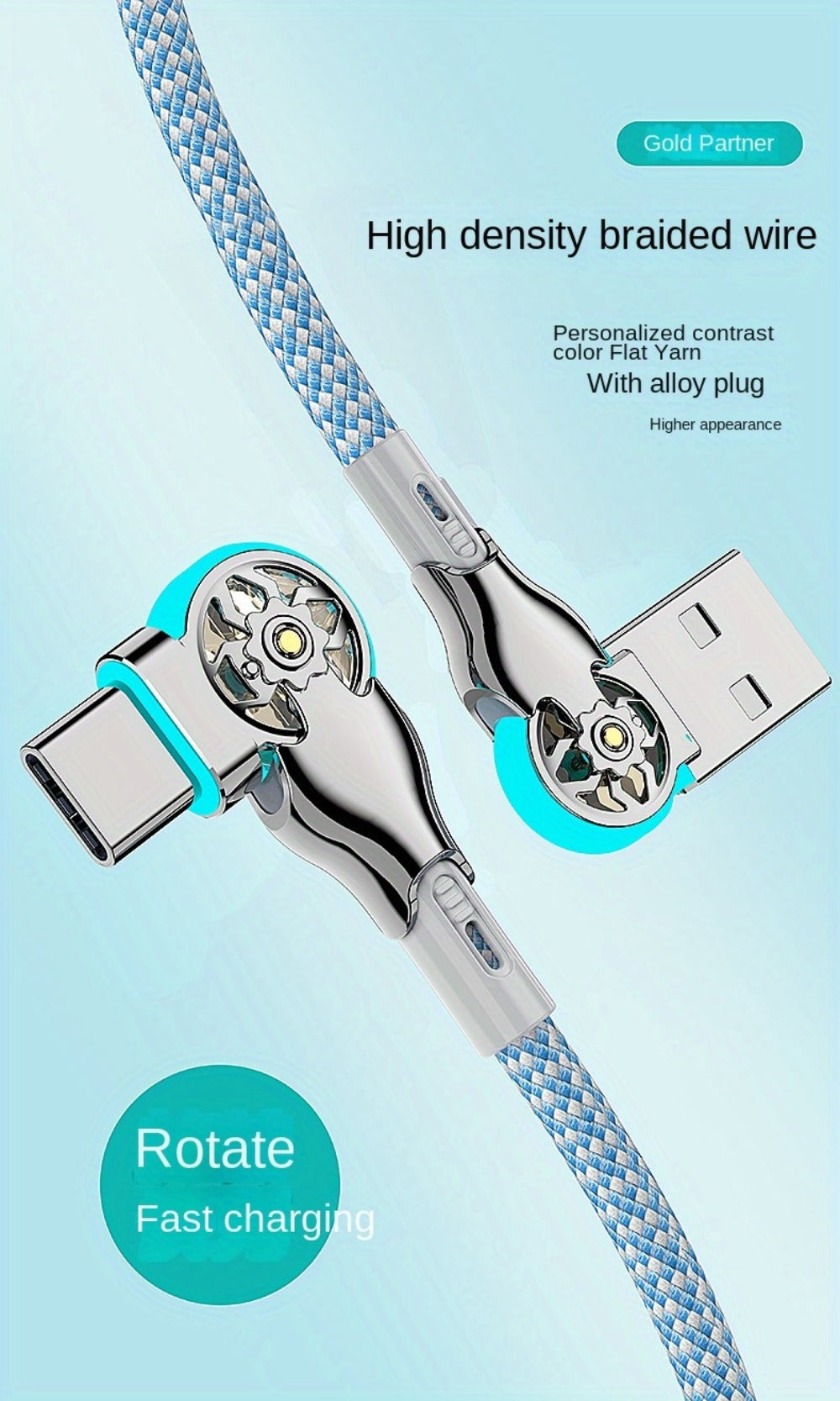 Double-Elbow USB-C to USB-C Cable with Rotating Right-Angle Connectors, Blue LED Accents and 2 m Length