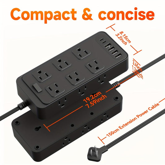 Power Strip Flat Plug 18-in-1 Surge Protector with 12 AC Outlets, 4 USB-A, 2 USB-C and 5- or 10-Foot Cord