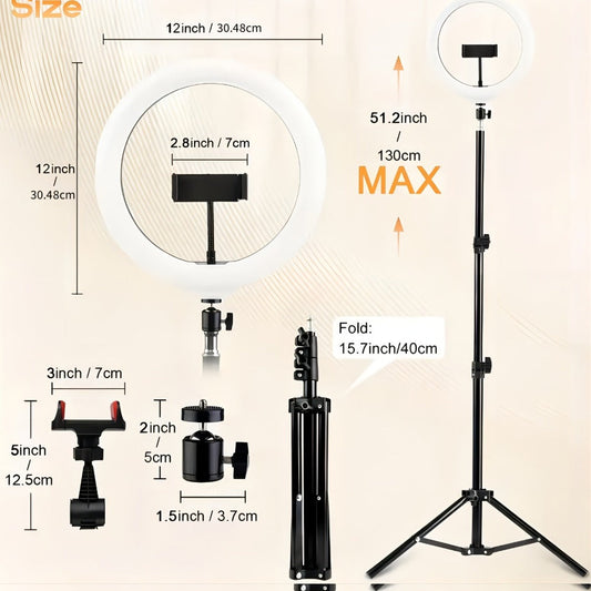 LED Ring Light 10/12 Inch with Tripod Stand & Phone Holder – 3 Color Modes, 12 Brightness Levels, USB Powered Selfie Light for Makeup, Photography, Video & Streaming