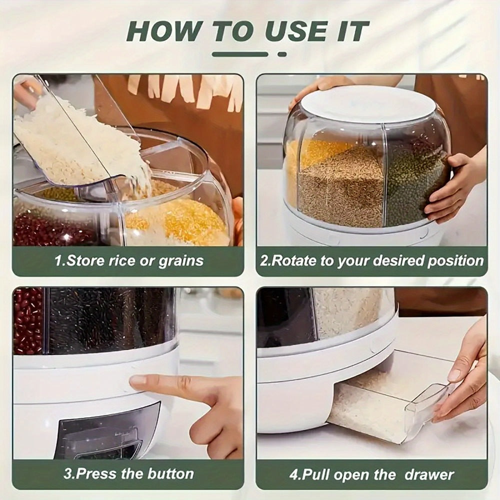 Rotating Rice Storage Container with Multi-Compartment – Large Capacity Grain Bucket, Moisture-Proof Insect-Proof Sealed Tank for Rice, Flour, Pet Food Kitchen Organizer