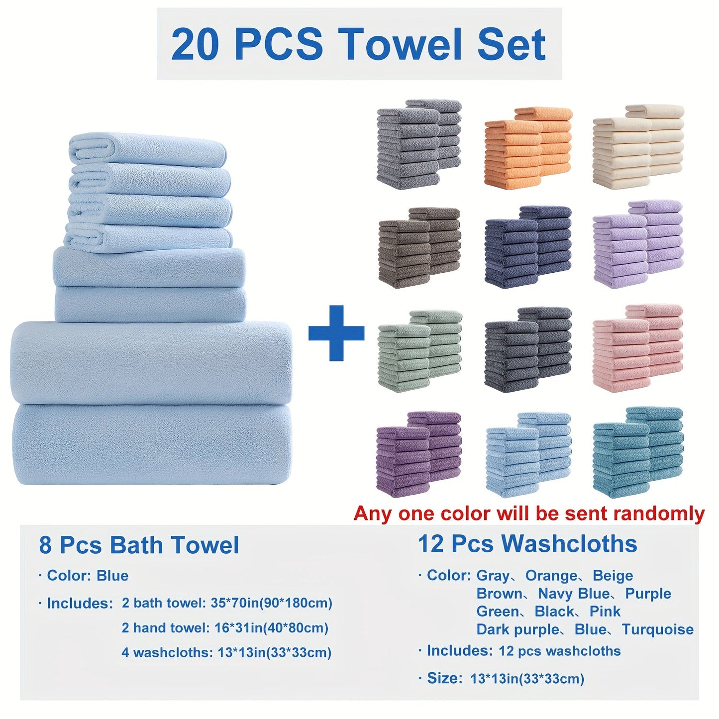 Twenty-Piece Bath Towel Set with Eight Large Towels and Twelve Washcloths in Ten Exact Color Options