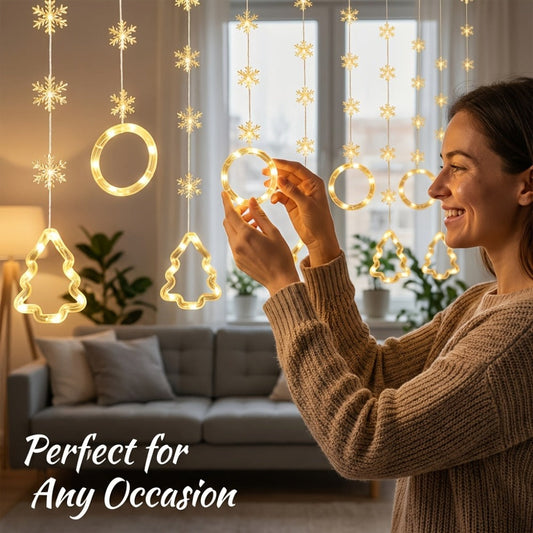 String Lights, 118-Inch USB Holiday Curtain with Ten Snowflake or Star-and-Tree Drops for Indoor Display