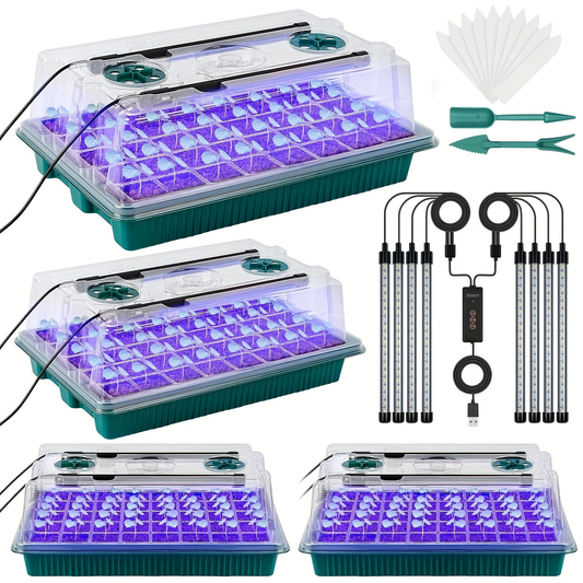 Seed Starting Tray Kit 4-Set 160 Cells High Dome | 8 LED Grow Lights Smart Timer 3 Modes 5 Brightness | Indoor Greenhouse Germination Propagation