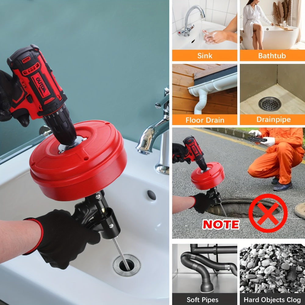 Drain Snake Auger 25ft with Drill Adapter - Manual & Drill-Powered Plumbing Snake, 1/4" Spiral Head for 1-1/4" to 3" Pipes
